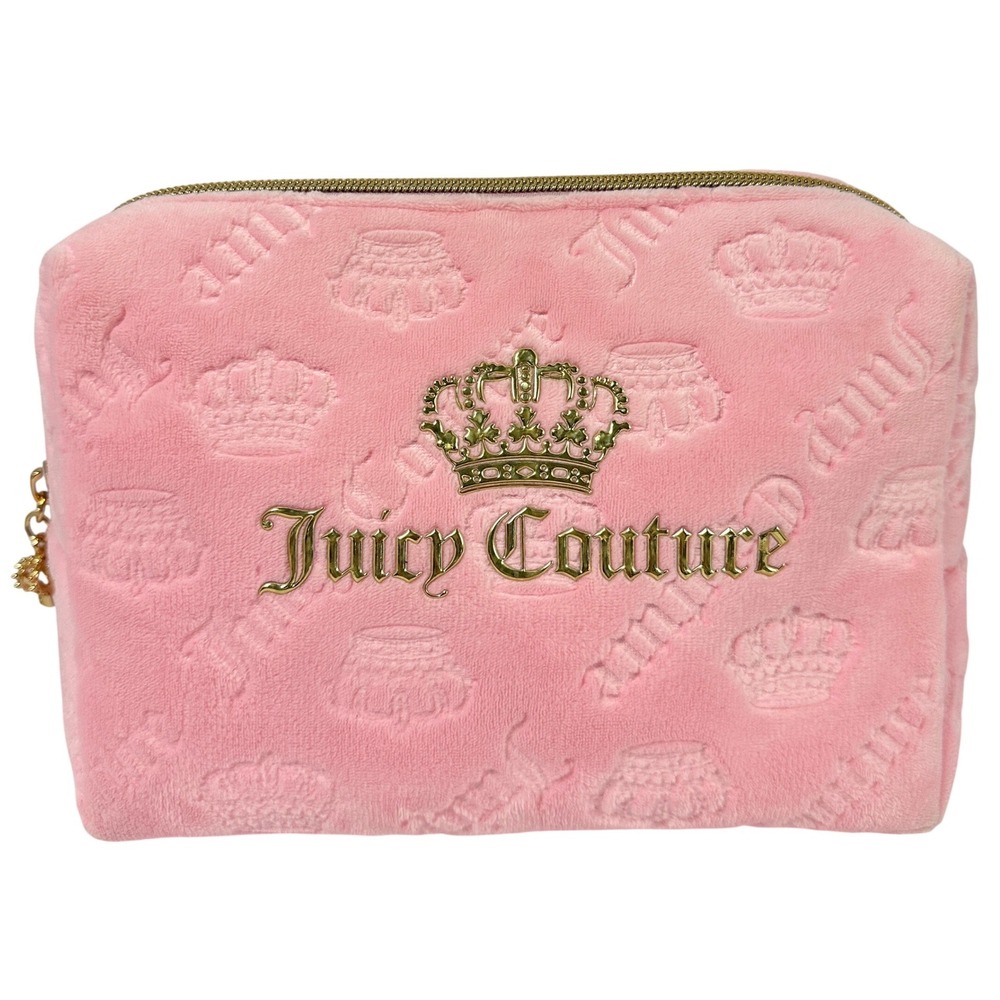 Juicy Couture Pink Velour Makeup Bag Embossed Crown Logo Cosmetic Case Y2K